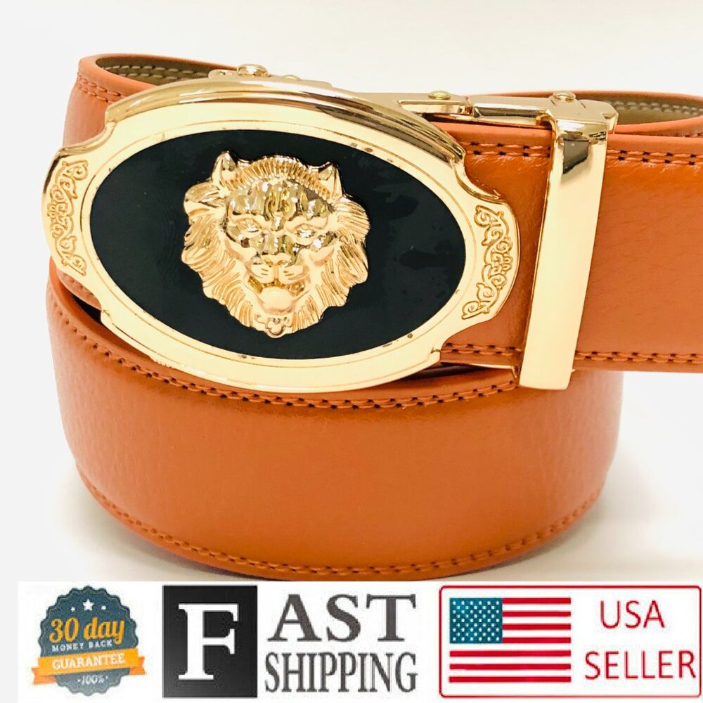 Automatic Designer Buckle Men's Orange Ratchet Genuine Leather Belt Buckle Lion